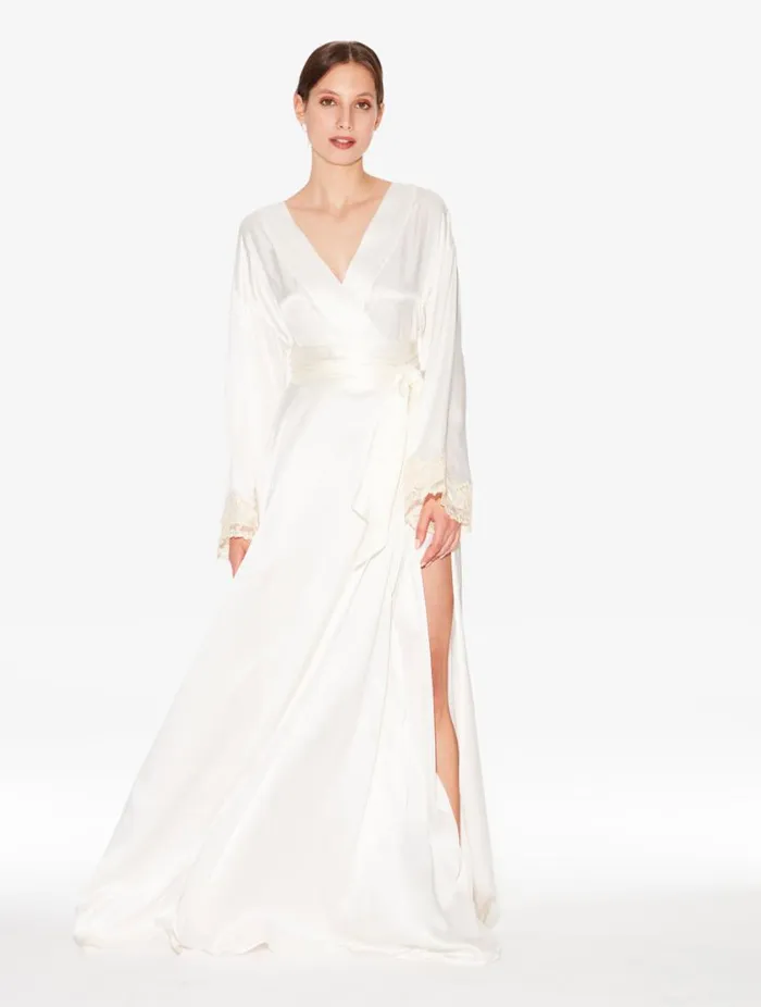 White Long Silk Robe With Ivory Frastaglio Sleepwear La Perla Robes