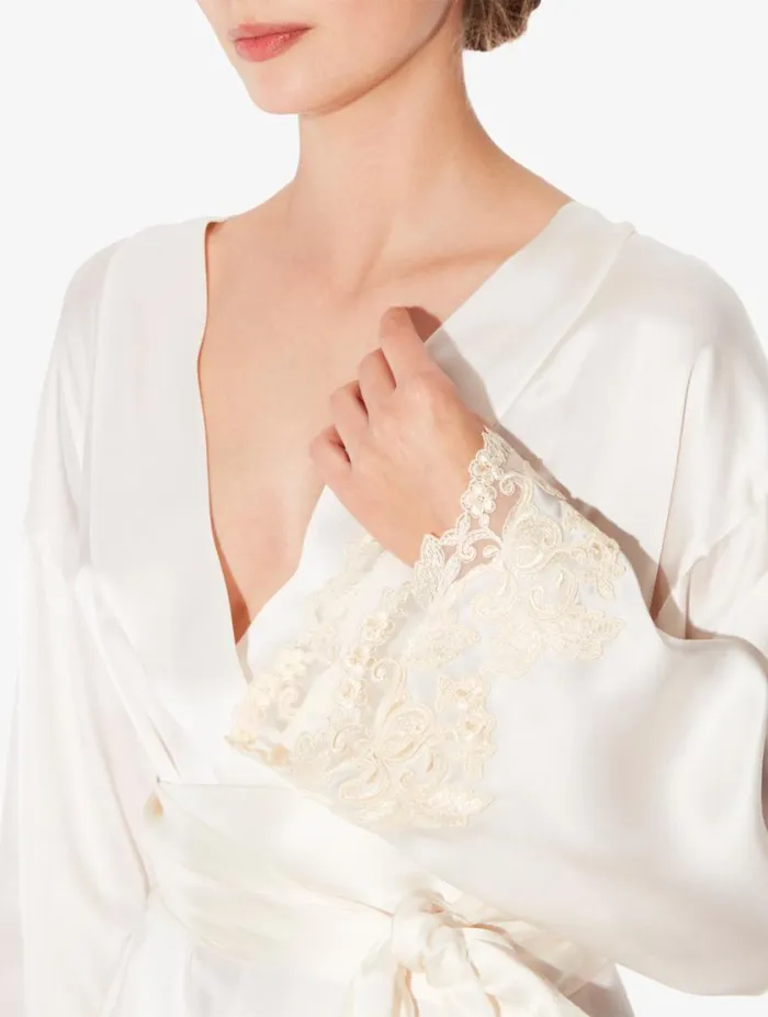 White Long Silk Robe With Ivory Frastaglio Sleepwear La Perla Robes