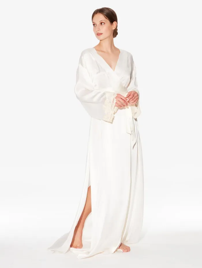 White Long Silk Robe With Ivory Frastaglio Sleepwear La Perla Robes