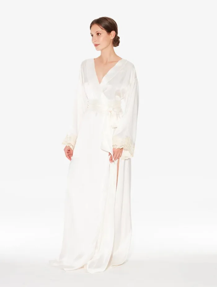 White Long Silk Robe With Ivory Frastaglio Sleepwear La Perla Robes