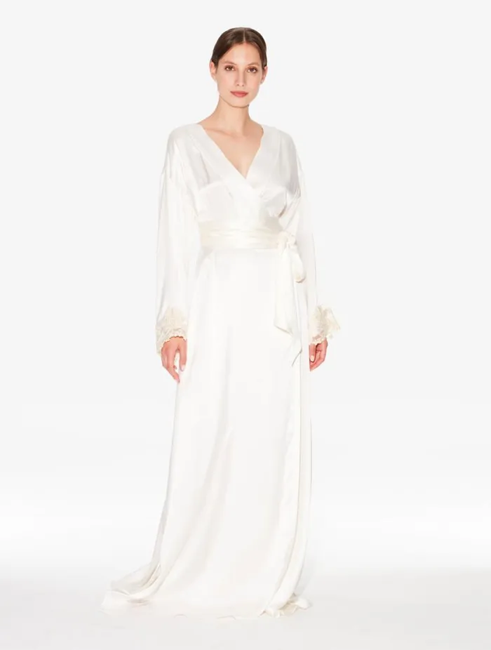 White Long Silk Robe With Ivory Frastaglio Sleepwear La Perla Robes