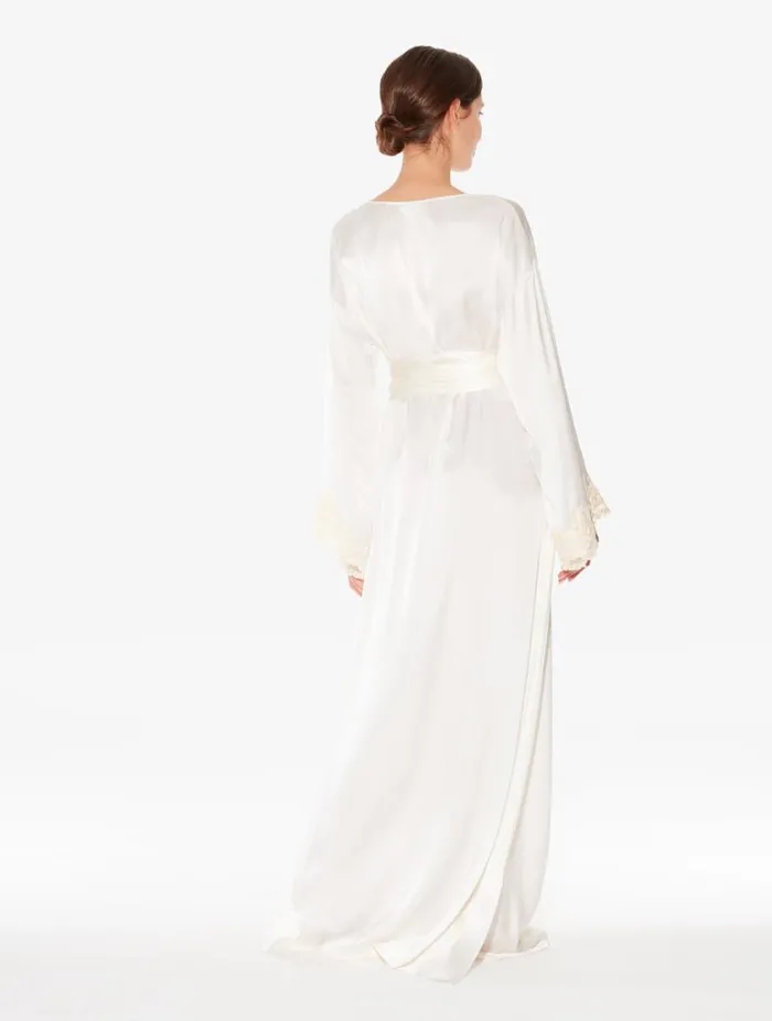 White Long Silk Robe With Ivory Frastaglio Sleepwear La Perla Robes