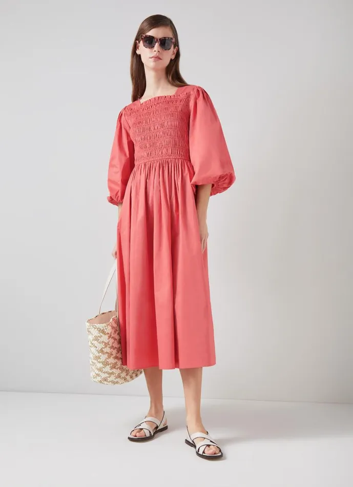 Women Calister Dark Pink Organic Cotton Shirred Dress Rose LKBennett Dresses