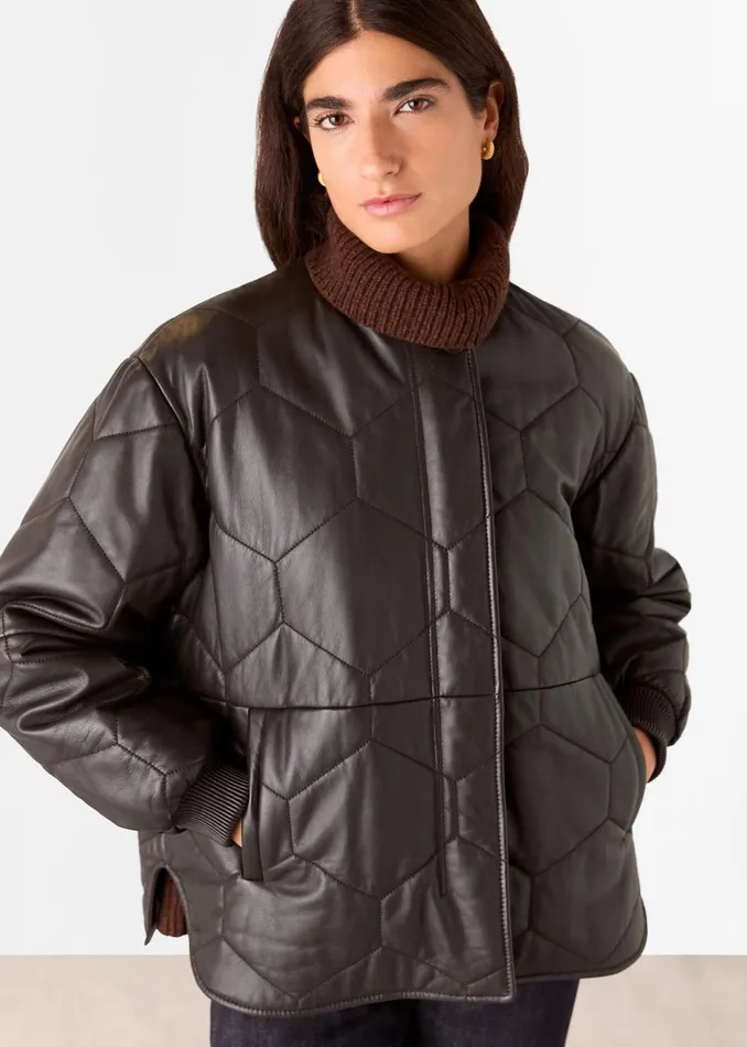 Women Coats and Jackets Whistles Burgundy Cleo Leather Quilted Jacket