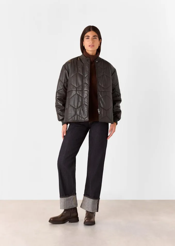 Women Coats and Jackets Whistles Burgundy Cleo Leather Quilted Jacket