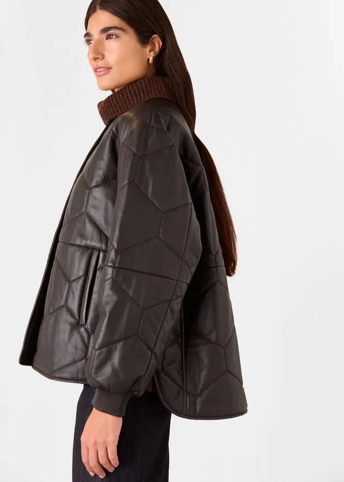 Women Coats and Jackets Whistles Burgundy Cleo Leather Quilted Jacket