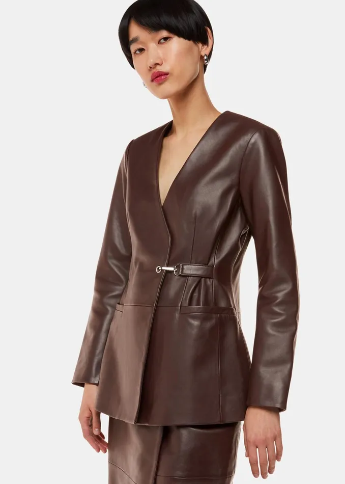 Women Coats and Jackets Whistles Chocolate Josie Wrap Leather Blazer