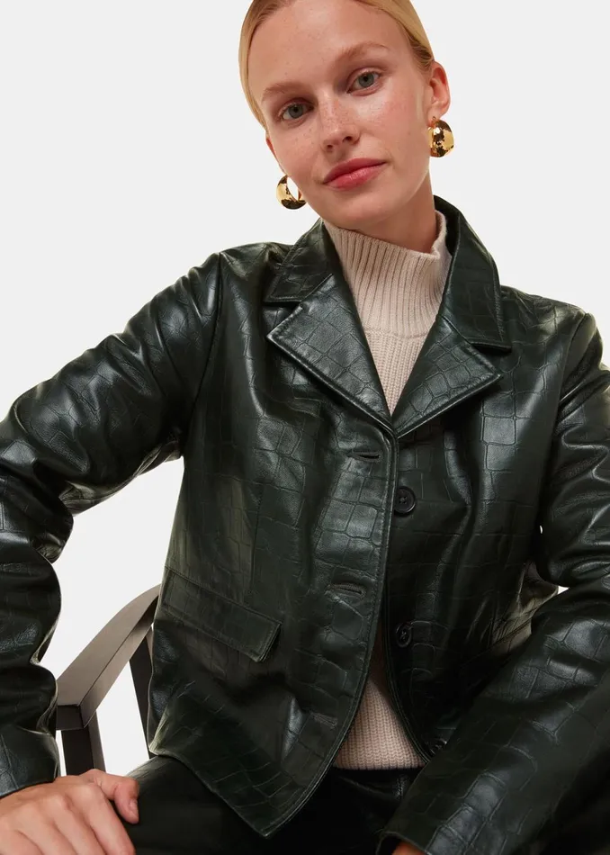 Women Coats and Jackets Whistles Dark Green Delia Croc Leather Jacket
