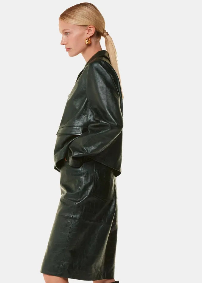 Women Coats and Jackets Whistles Dark Green Delia Croc Leather Jacket