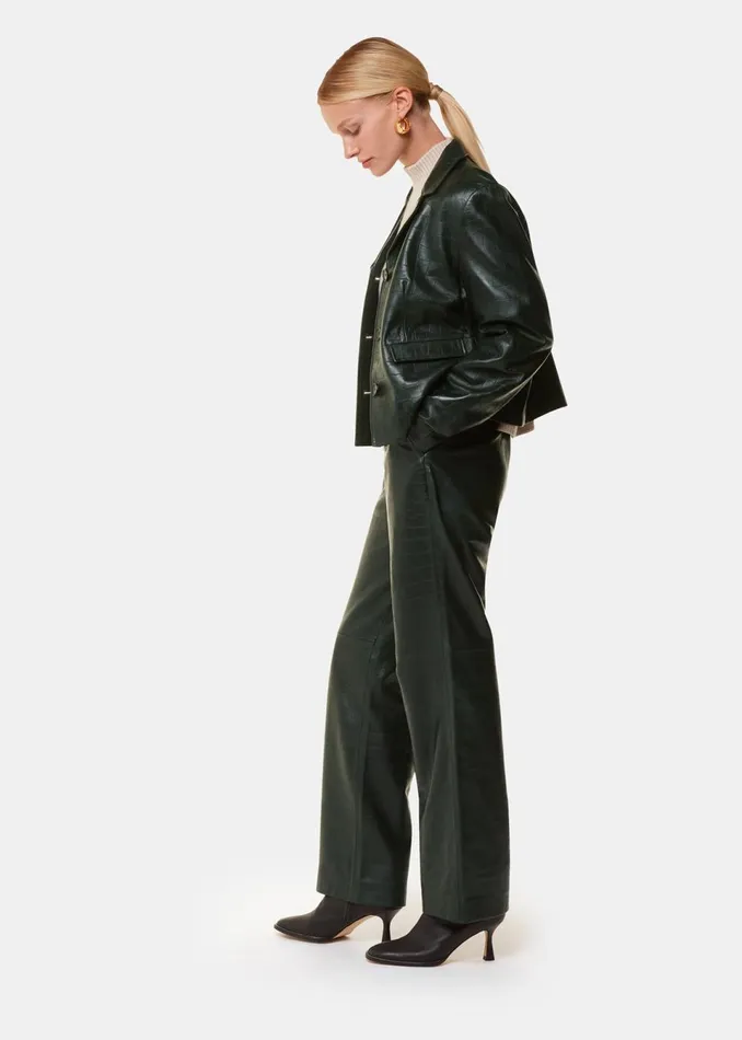 Women Coats and Jackets Whistles Dark Green Delia Croc Leather Jacket