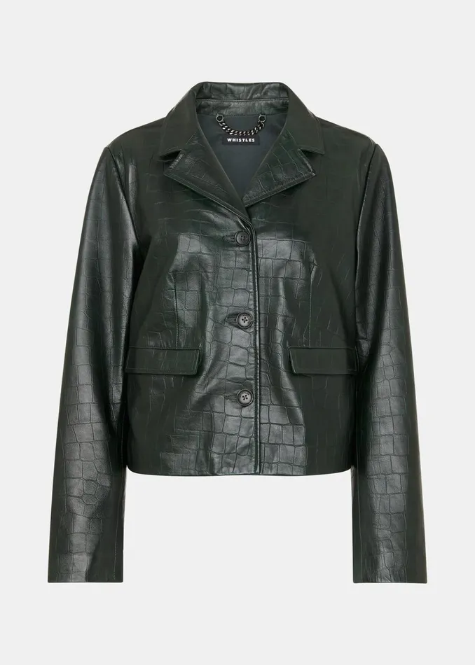 Women Coats and Jackets Whistles Dark Green Delia Croc Leather Jacket