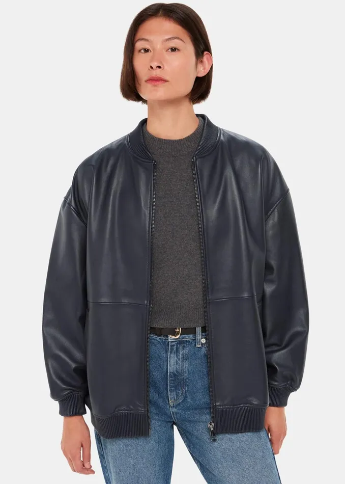 Women Coats and Jackets Whistles Navy Erin Leather Bomber