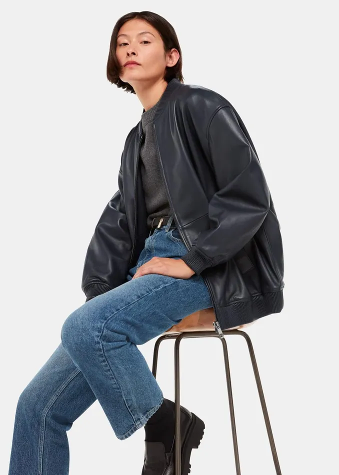 Women Coats and Jackets Whistles Navy Erin Leather Bomber