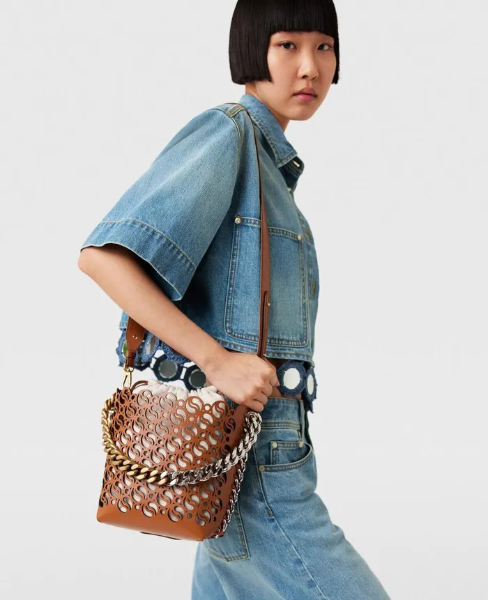 Women Crossbody Bags Stella McCartney Frayme SWave Bucket Bag Tan