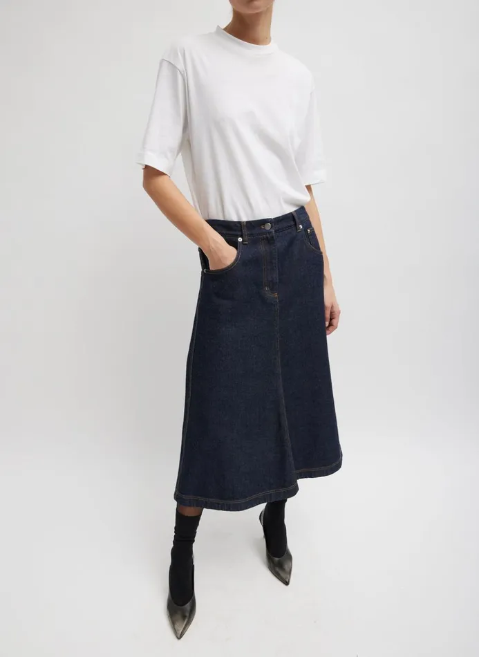 Women Denim Tibi Indigo Denim Midi ALine Skirt Dark Denim