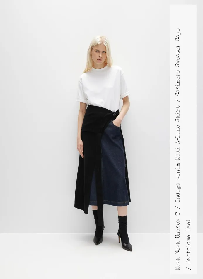 Women Denim Tibi Indigo Denim Midi ALine Skirt Dark Denim