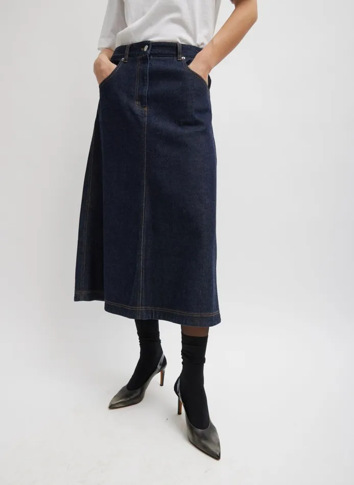 Women Denim Tibi Indigo Denim Midi ALine Skirt Dark Denim