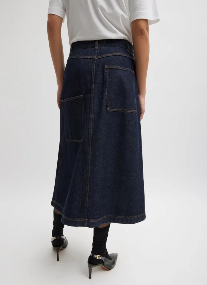 Women Denim Tibi Indigo Denim Midi ALine Skirt Dark Denim