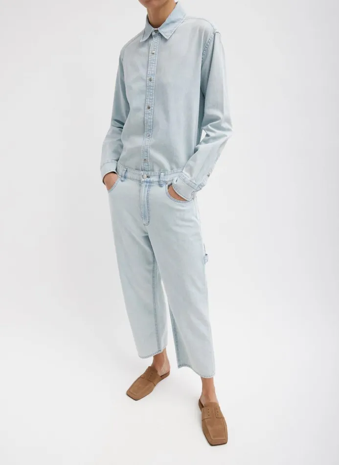 Women Denim Tibi Summer Denim Cropped Slouchy Cargo Jean Bleached Denim