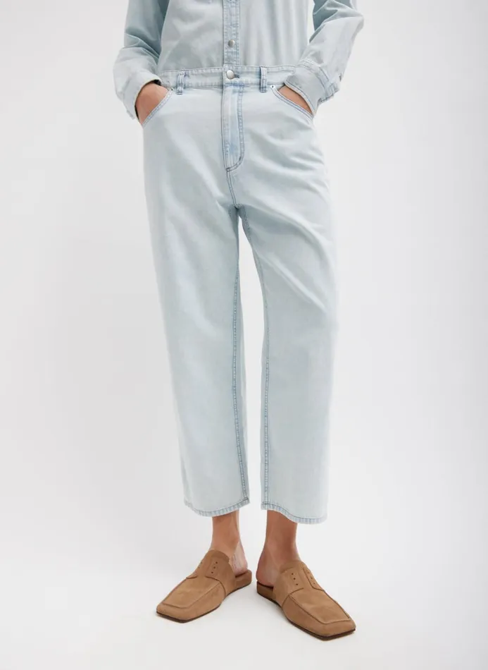 Women Denim Tibi Summer Denim Cropped Slouchy Cargo Jean Bleached Denim