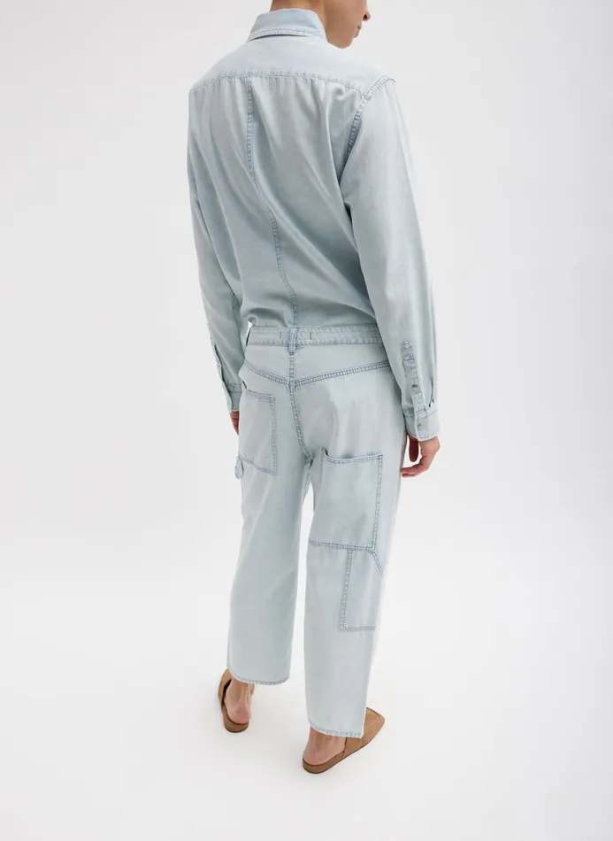 Women Denim Tibi Summer Denim Cropped Slouchy Cargo Jean Bleached Denim