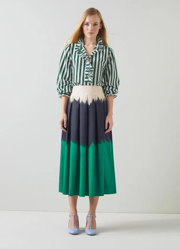 Women Dora Green Navy And Cream Tie Dye Cotton Midi Skirt Multi LKBennett Skirts Women Dora Green Navy And Cream Tie Dye Cotton Midi Skirt Multi LKBennett Skirts