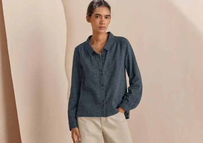 Women Dotweave Shirt Soft Indigo Poetry Fashion Shirts and Tunics
