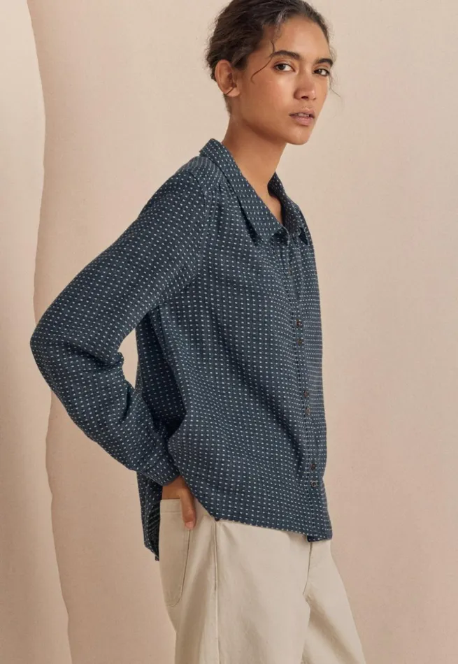 Women Dotweave Shirt Soft Indigo Poetry Fashion Shirts and Tunics