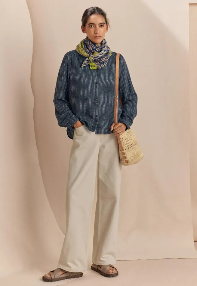 Women Dotweave Shirt Soft Indigo Poetry Fashion Shirts and Tunics