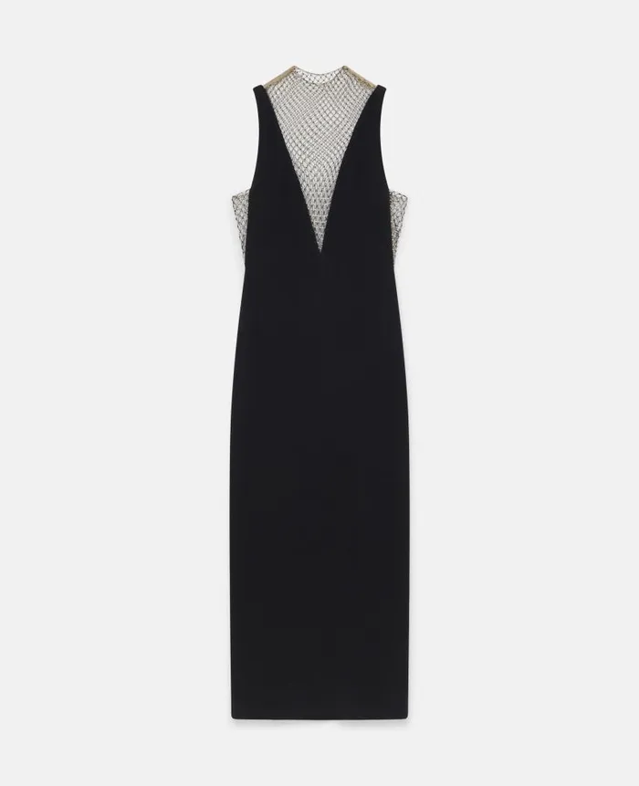 Women Dresses Stella McCartney Crystal Mesh Deep V Midi Dress Midnight Black