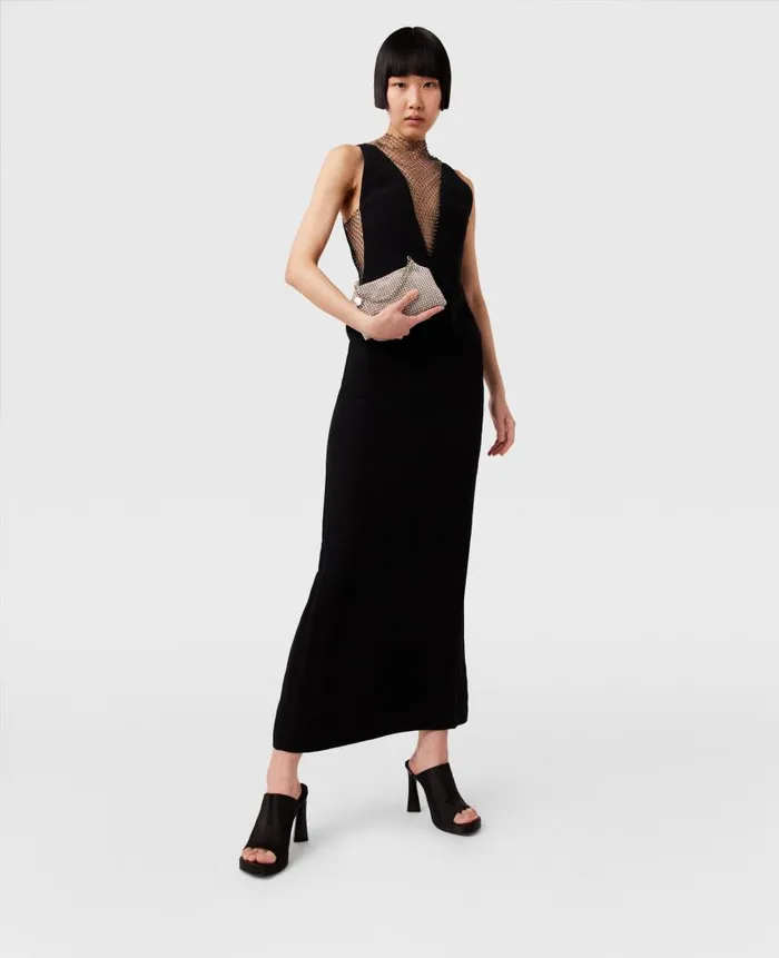 Women Dresses Stella McCartney Crystal Mesh Deep V Midi Dress Midnight Black
