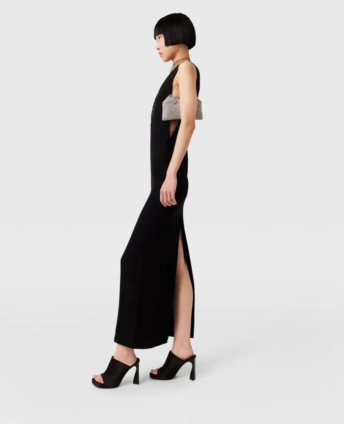 Women Dresses Stella McCartney Crystal Mesh Deep V Midi Dress Midnight Black