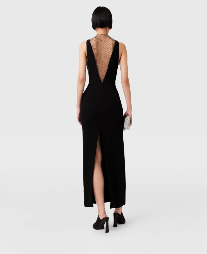 Women Dresses Stella McCartney Crystal Mesh Deep V Midi Dress Midnight Black
