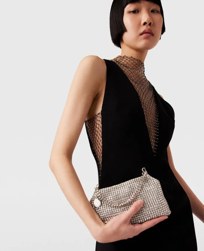Women Dresses Stella McCartney Crystal Mesh Deep V Midi Dress Midnight Black