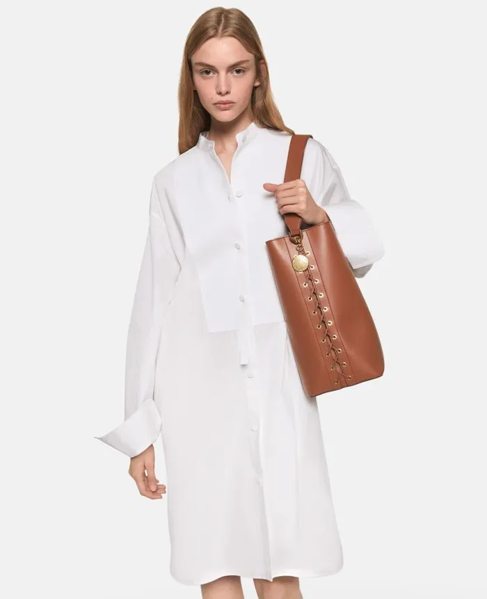 Women Dresses Stella McCartney Grandfather Collar Cotton Midi Dress Pure White
