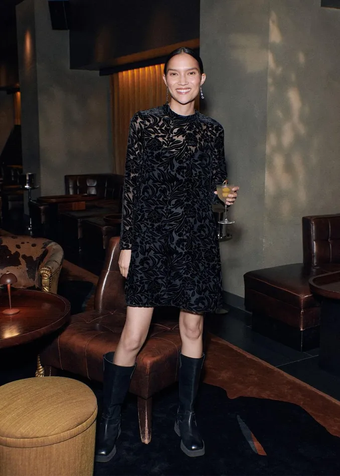 Women Dresses Whistles Black Hot Fix Floral Velvet Dress