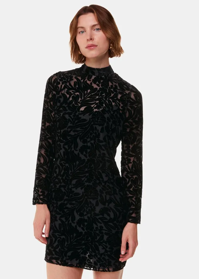 Women Dresses Whistles Black Hot Fix Floral Velvet Dress