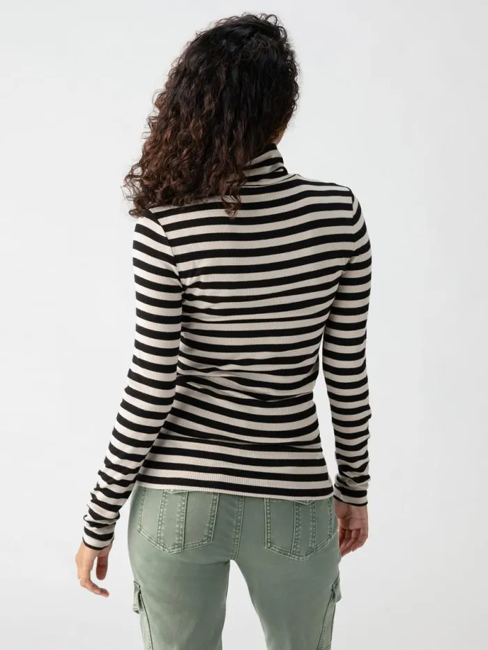 Women Essential Turtleneck Top Toasted Almond Black Mini Stripe Sanctuary Clothing Sweaters and Cardis