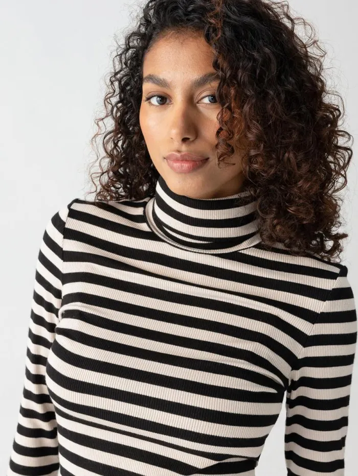 Women Essential Turtleneck Top Toasted Almond Black Mini Stripe Sanctuary Clothing Sweaters and Cardis