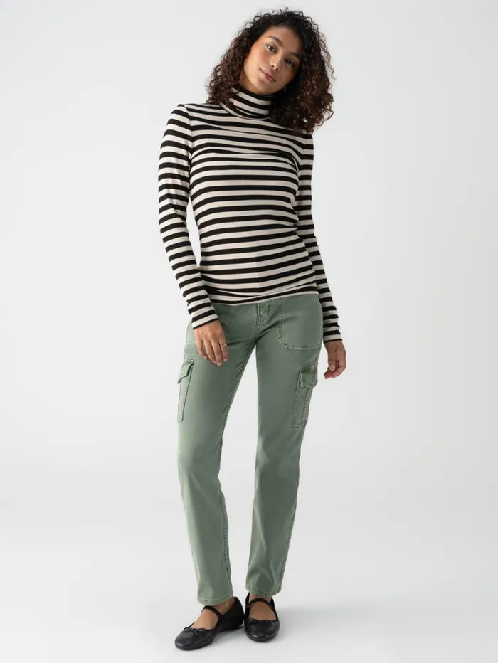 Women Essential Turtleneck Top Toasted Almond Black Mini Stripe Sanctuary Clothing Sweaters and Cardis