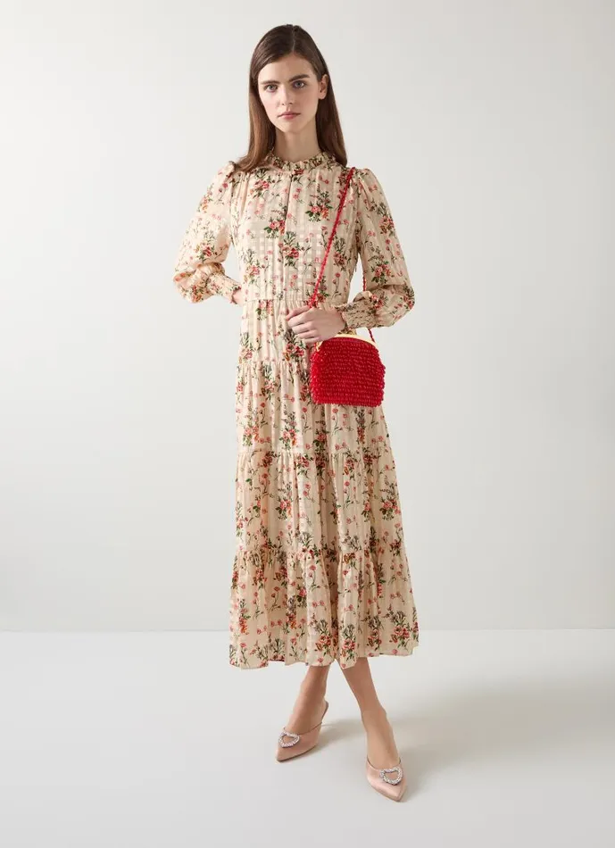 Women Flora Wildflower Metallic Print Dress Cream LKBennett Dresses
