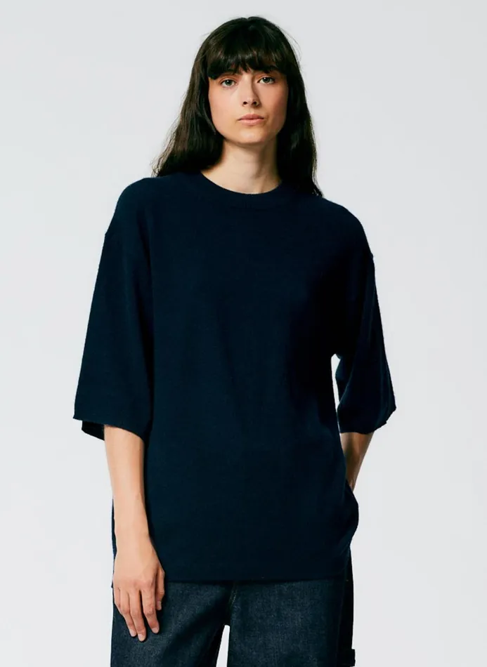 Women Fundamentals Tibi Feather Weight Cashmere Oversized Easy TShirt Navy
