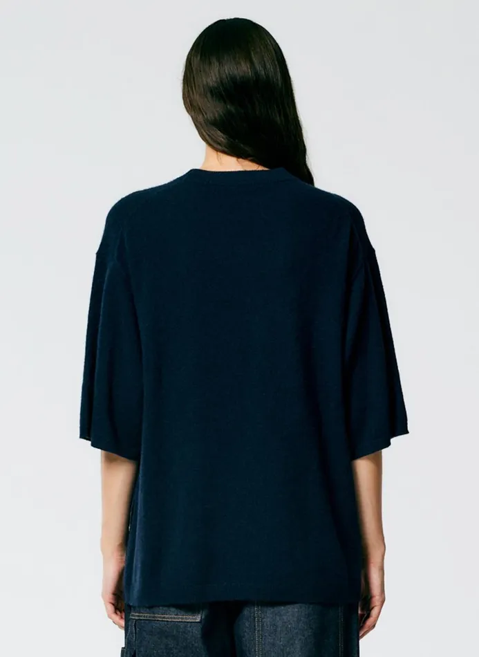 Women Fundamentals Tibi Feather Weight Cashmere Oversized Easy TShirt Navy