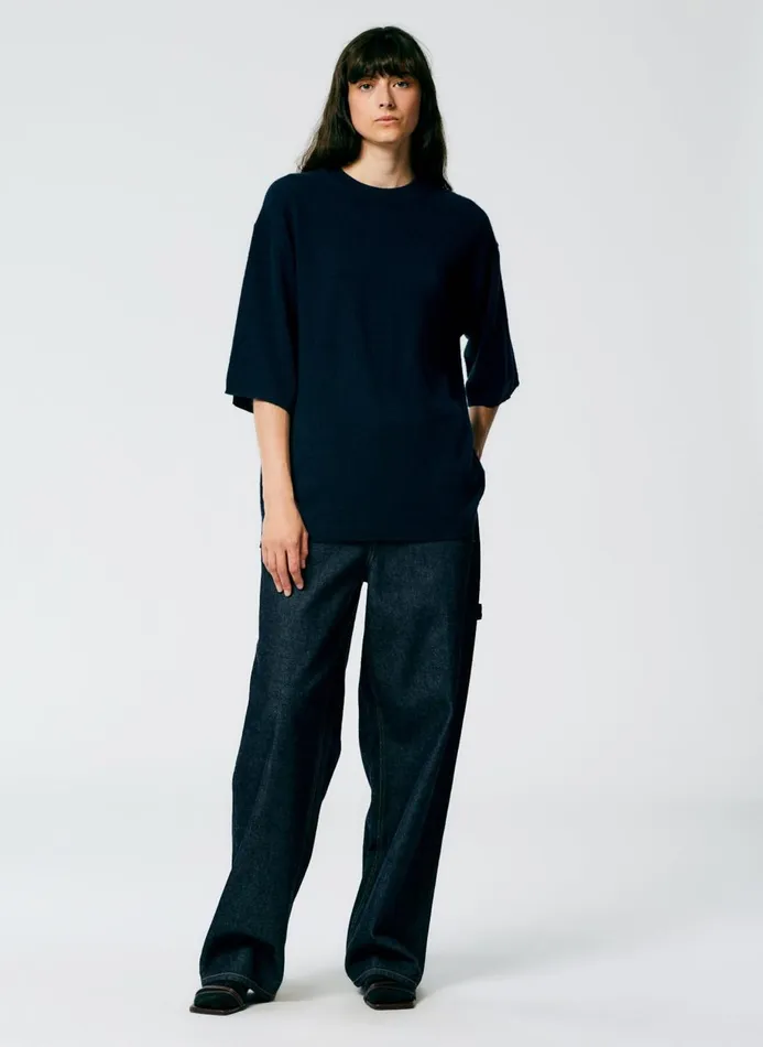 Women Fundamentals Tibi Feather Weight Cashmere Oversized Easy TShirt Navy