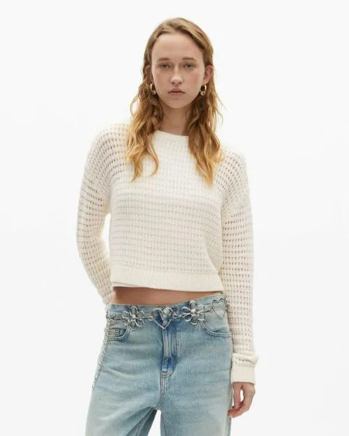 Women Jumpers and Cardigans The Kooples Short Ecru Openwork Cotton Blend Sweater Ecru