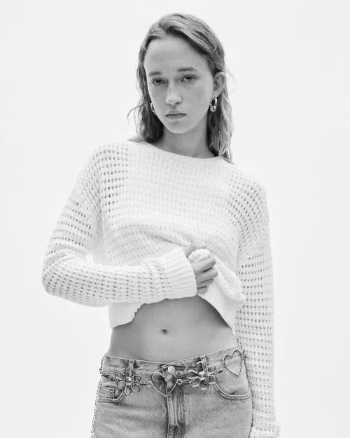 Women Jumpers and Cardigans The Kooples Short Ecru Openwork Cotton Blend Sweater Ecru