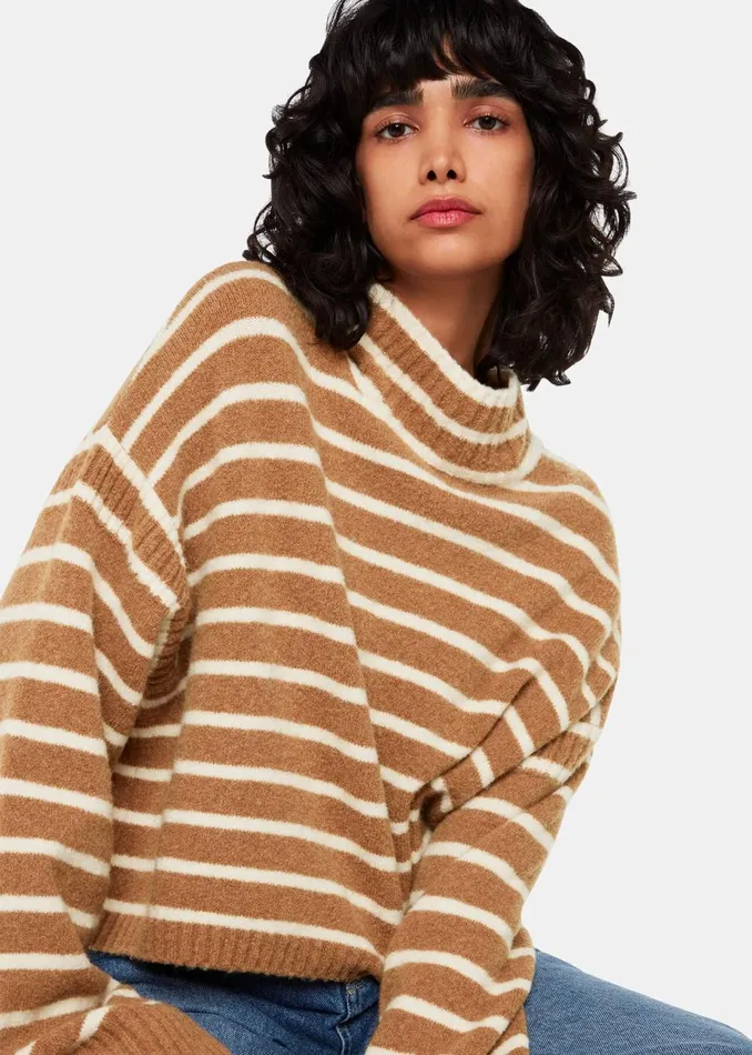 Women Knitwear and Cashmere Whistles Cream Stripe Rib Detail Funnel Knit
