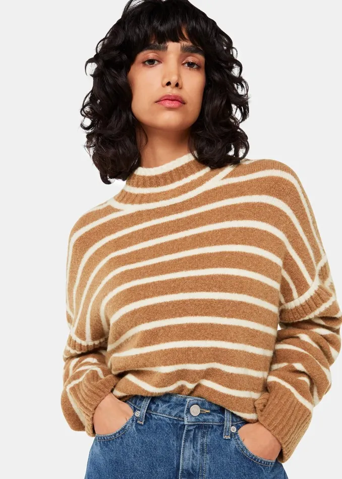 Women Knitwear and Cashmere Whistles Cream Stripe Rib Detail Funnel Knit