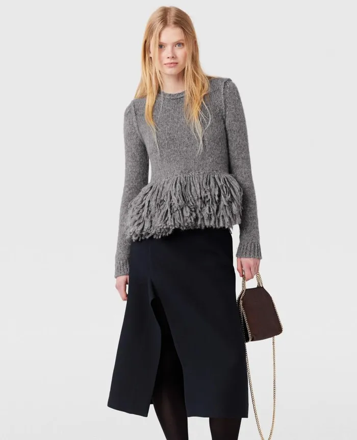 Women Knitwear Stella McCartney Feather Peplum Wool Sweater Mottled Gray