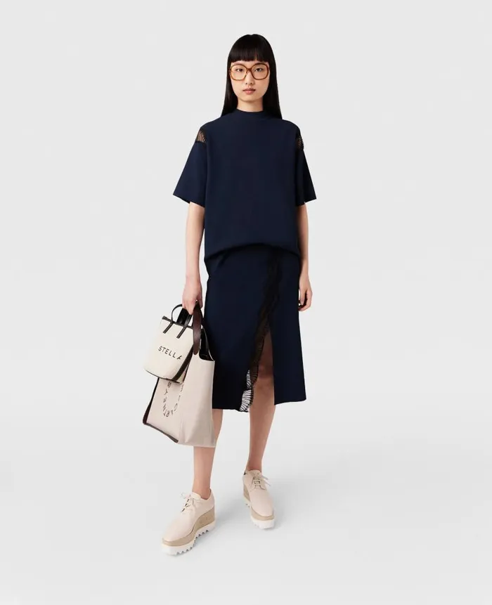 Women Knitwear Stella McCartney Lace Insert MidRise Midi Skirt Deep Navy